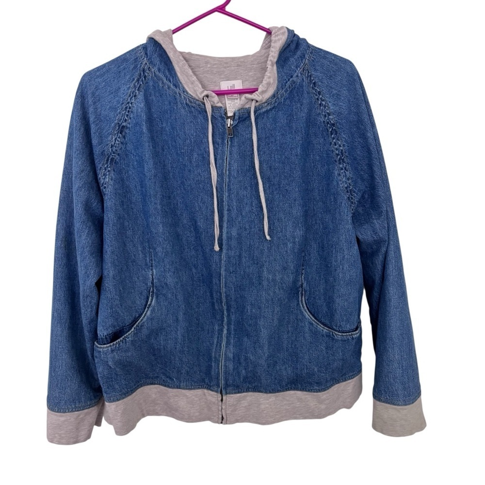 J. Jill soft Blue Denim zip up Hoodie Jacket boxy crop size M petite